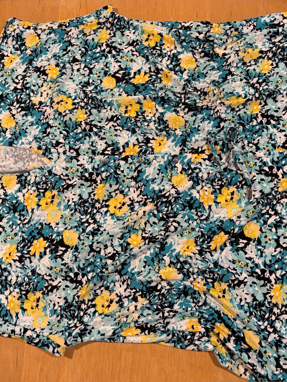 Emaline Woman ~ Floral Print Blouse  / Top Aqua Black Yellow & Teal Silver